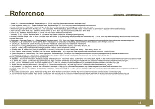 Reference building construction
44
1. Walls. (n.d.). technicalstudiescsm. Retrieved April 15, 2014, from http://technicalstudiescsm.wordpress.com/
2. Types of Mortar Joints. (n.d.). Types of Mortar Joints. Retrieved April 22, 2014, from http://www.qualityblock.com/joints.html
3. Bricks & Tiles. (n.d.). HubPages. Retrieved April 22, 2014, from http://bits-n-pieces.hubpages.com/hub/bricks-and-tiles
4. Brickwork Types and Brickwork Bonds. (n.d.). 1st Associated. Retrieved April 22, 2014, from http://www.1stassociated.co.uk/brickwork-types-and-brickwork-bonds.asp
5. How to Build a Brick Wall. (n.d.). wikiHow. Retrieved May 1, 2014, from http://www.wikihow.com/Build-a-Brick-Wall
6. Stair. (n.d.). Arhitectis. Retrieved April 24, 2014, from http://www.arhitectis.com/stair.htm
7. Glossary. (n.d.). OZStair. Retrieved April 24, 2014, from http://www.ozstair.com.au/design-centre/glossary/
8. Building Concrete Steps - How To Build Concrete Steps and Stairs. (n.d.).everything-about-concrete.com. Retrieved May 1, 2014, from http://www.everything-about-concrete.com/building-
concrete-steps.html
9. Balustrade | Staircase Glass. (n.d.).Glass Network. Retrieved May 8, 2014, from http://www.glassnetwork.com.my/pages/products/residential-glass/balustrade-staircase-glass.php
10. Stephen, E., & Christopher A. Gorse (2010). Barry’s introduction to construction of buildings. (Second edition) West Sussex : John Wiley & Sons Inc.
11. Chudley, R., & Greeno,R. (2004) Building Construction Handbook. Oxford: Elsevier Butterworth-Heinemann
12. Francis D. K. Ching (2008) Building Construction Illustrated (Fourth Edition) New Jersey : John Wiley & Sons, Inc
13. Barry,R. (1999) The Construction Of Buildings (Seventh Edition) Oxford : Blackwell Science
14. Edward Allen & Joseph Iano (2004) Fundamental Of Building Construction (Fourth Edition) New Jersey : John Wiley & Sons, Inc
15. Scott Gibson. How to Install a Window. This Old House. Retrieved May 3, 2014 from http://www.thisoldhouse.com/toh/how-to/intro/0,,218006,00.html
16. How to Replace an Exterior Door. The Family Handyman. Retrieved May 8, 2014 from http://www.familyhandyman.com/doors/installation/how-to-replace-an-exterior-door
17. Occupational Safety and Health Branch Labour Department. (march, 2004). Safety Handbook for Construction Site Workers: Safety First, pg1-7.
file:///C:/Users/Win%208/Downloads/ConstrutionSite.pdf
18. Manitoba Labour and Immigration, Workplace Safety & Health Division. (December 2007). Guideline for Excavation Work. Pg14-27. file:///C:/Users/0311069/Downloads/excavationwork.pdf
19. L. Barnet, P.E. (2003). Construction Equipment Security. Pg2-4. Florida Partnership for Safety and Health. file:///C:/Users/0311069/Downloads/Chapter4construction.pdf
20. IPEX. (2010). Installation Guide: Municipal Systems. Pg11-12. file:///C:/Users/0311069/Downloads/PVC%20Sewer%20Pipe%20Install%20Guide%20(1).pdf
21. British Security Industry Association. (January 2012). Construction site security – a guide. Pg3. file:///C:/Users/0311069/Downloads/form_123.pdf
22. M. McMahon. (10 May 2014). What Is Site Excavation? Retrieved 12 May 2014, from wiseGeek website: http://www.wisegeek.com/what-is-site-excavation.htm
23. Klunk, Millan. (2014). Tech Support: Underground Installation. Retrieved 12 May 2014, from HARVEL website: http://www.harvel.com/technical-support-center/installation/underground-
installation
24. Excavation Construction. (2012). Retrieved 12 May 2014, from Wollam Construction website: http://www.wollamconstruction.com/excavation-construction.php
25. Government of South Australia. Fact Sheet: Construction Site Security. file:///C:/Users/0311069/Downloads/Fact%20Sheet%20-%20Construction%20Site%20Security.pdf
 