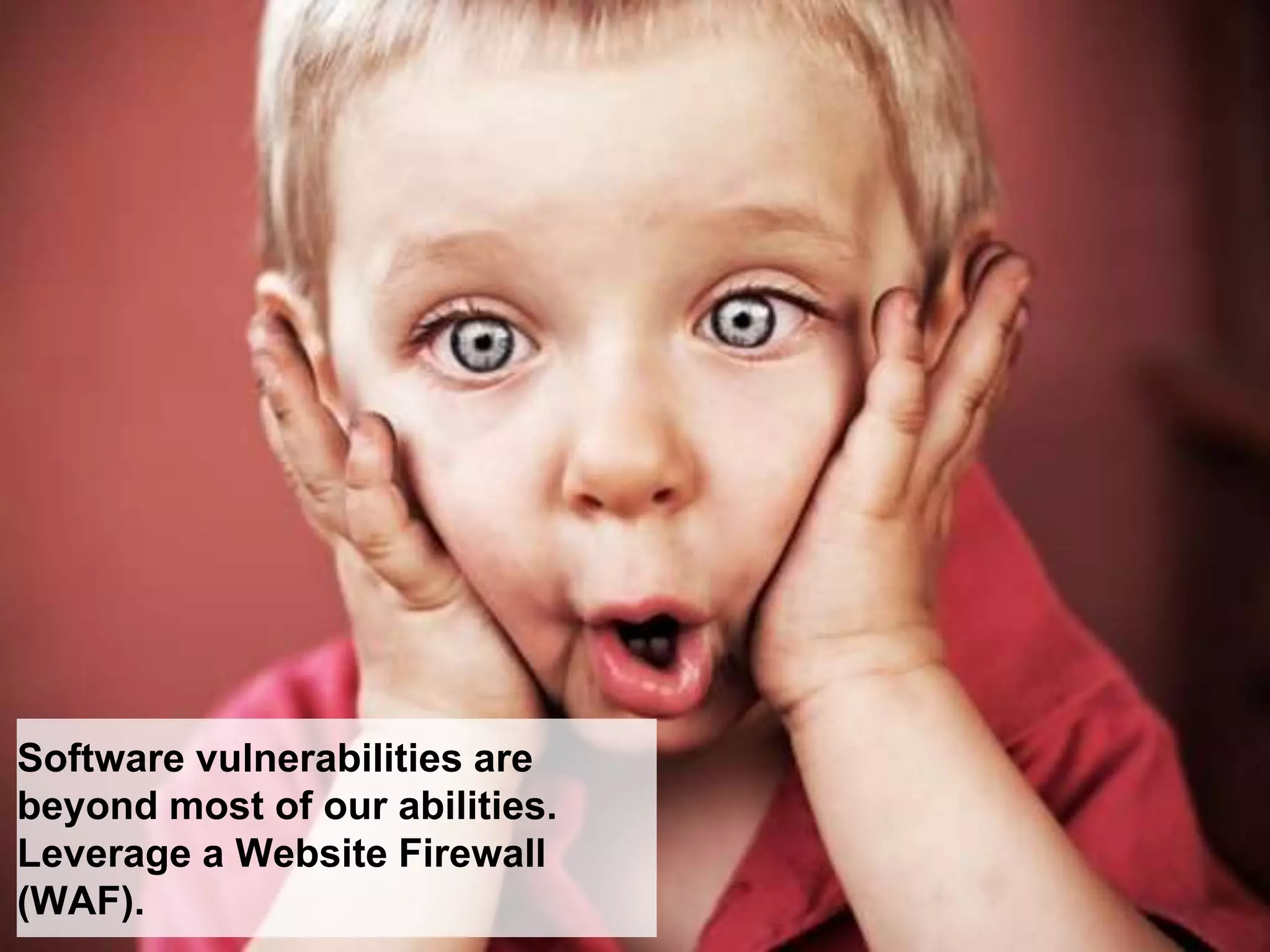 Software vulnerabilities are
beyond most of our abilities.
Leverage a Website Firewall
(WAF).
 