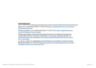 page | 32
REFERENCES
Beam. (n.d.). Retrieved October 19, 2016, from https://global.britannica.com/technolo-
gy/beam-architecture
Structural system. (n.d.). Retrieved October 19, 2016, from https://global.britannica.
com/technology/structural-system
Rithika Ravishankar, General Secretary(Aided section) at Academy Of Architecture
- India Follow. (2015). Formwork construction in structures. Retrieved October 19,
2016, from http://www.slideshare.net/rithikarockingravishankar/formwork-construc-
tion-in-structures
@. (2016). TYPES OF FORMWORK (SHUTTERING) FOR CONCRETE CONSTRUCTION.
Retrieved October 19, 2016, from http://theconstructor.org/building/formwork-shutter-
ing/types-of-formwork-shuttering/3767/
beams & columns | prepared by Low Wing Chun
 