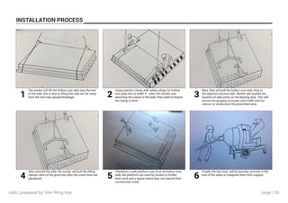 page | 35
INSTALLATION PROCESS
The worker will lift the hollow core slab near the end
of the slab, this is due to lifting the slab too far away
from the end may caused breakage.
Using erection clamp with safety slings for hollow
core slab that is width 4’ , when the worker was
attaching the clamp to the slab, they need to ensure
the clamp is level.
Next, they will pull the hollow core slab sling to
the adjacent erected slab. Worker will marked the
location of slab joints on the bearing area. This will
ensure the gauging of proper joint width and not
overrun or undercover the prescribed area.
After erected the slab, the worker will pull the lifting
clamps clear of the grout key after the crane lines are
slackened.
Therefore, a safe platform was form by hollow core
slab, the platform can used by worker to further
their work and a space where they can placed their
construction tools.
Finally, the last step will be pouring concrete in the
end of the slabs to integrate them with support.
1 2 3
4 5 6
slab | prepared by Yew Wing Kee
 