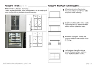 page | 54
WINDOW TYPES (SITE 1)
Metal Window ( Outside , Bedroom) :
These are very popular in public buildings and can be made up of
mild steel, stainless steel, aluminum, bronze etc.
WINDOW INSTALLATION PROCESS
Before constructing the window,
measurement and layout need to be
according to the drawings.
Next, lintel will be added at the top to
support the brick or the structure to
prevent it from collapsing down.
1
2
3
4
Next after adding the lintel to the
structure, they will start laying bricks
till the top.
Lastly, plaster the wall to give a
smooth finishes surface and then
insert the frame of the window.
doors & windows | prepared by Crystal Chia
 