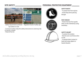 page | 7
SITE SAFETY PERSONAL PROTECTIVE EQUIPMENT
- To ensure workers obey the safety instructions to avoid any risk
of injuries or death
- Required by law
Safety requirements achieved
by workers on site
SAFETY BOOTS
- To protect foot from injuries
- Avoid sharp items piercing
through
Regulation board of safety sign
FACE SHIELDS
- Protect the face from sparks
when cut the materials by using
machinery
SAFETY HELMET
- To protect the workers
- Must be worn at all times when
on site
- To prevent direct contact to
head with sharp objects or
hazard situation
site & safety | prepared by Low Wing Chun & Le Jia Ling
 