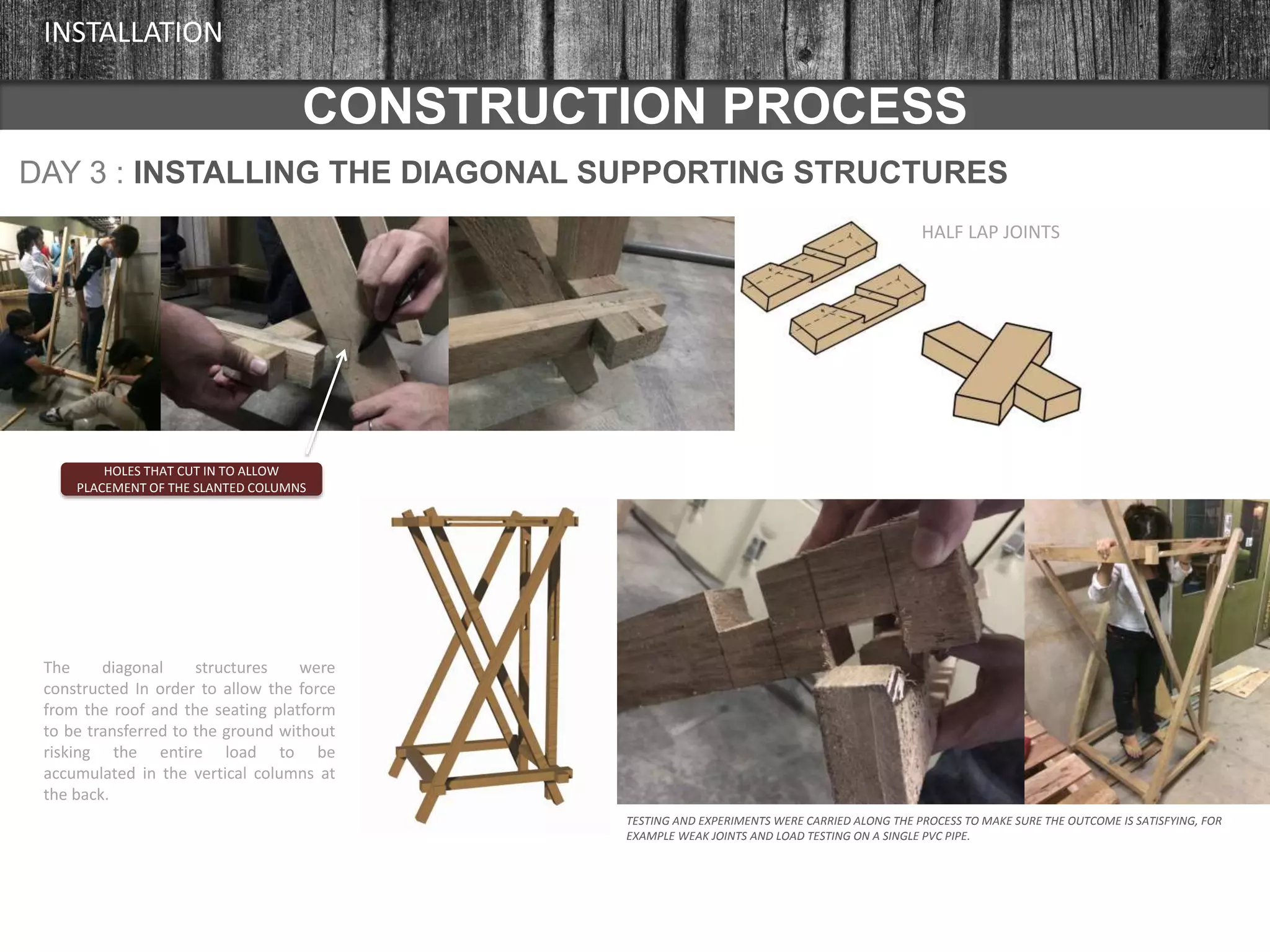 CONSTRUCTION PROCESS
INSTALLATION
DAY 3 : INSTALLING THE DIAGONAL SUPPORTING STRUCTURES
HALF LAP JOINTS
The diagonal structures were
constructed In order to allow the force
from the roof and the seating platform
to be transferred to the ground without
risking the entire load to be
accumulated in the vertical columns at
the back.
HOLES THAT CUT IN TO ALLOW
PLACEMENT OF THE SLANTED COLUMNS
TESTING AND EXPERIMENTS WERE CARRIED ALONG THE PROCESS TO MAKE SURE THE OUTCOME IS SATISFYING, FOR
EXAMPLE WEAK JOINTS AND LOAD TESTING ON A SINGLE PVC PIPE.
 