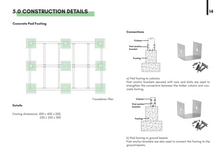 5.0 CONSTRUCTION DETAILS 14
Details
Foundation Plan
Connections
Concrete Pad Footing
b) Pad footing to ground beams
Post anchor brackets are also used to connect the footing to the
ground beams.
a) Pad footing to columns
Post anchor brackets secured with nuts and bolts are used to
strengthen the connection between the timber column and con-
crete footing.
Footing dimensions: 400 x 400 x 200, 			
				 250 x 250 x 300
Column
Column
Post anchor
bracket
Post anchor
bracket
Footing
Footing
 