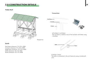 5.0 CONSTRUCTION DETAILS 19
Details
Perspective
Connections
Timber Roof
b) Rafter to beam
The rafter is connected to the roof beams by using a birdsmouth
joint.
a)Tie beam to roof beam
The roof beam is rested on top of the tie beam and fasten using
L brackets.
Roof beam dimension: 75 x 125 x 3000
Tie beam dimension: 75 x 125 x 2000
Ridge beam dimension: 75 x 175 x 3000
Rafter dimension: 50 x 75 x 1065
Batten dimension: 50 x 75 x 3900
Column
L bracket
Rafter
Beam
Roof Beam
 