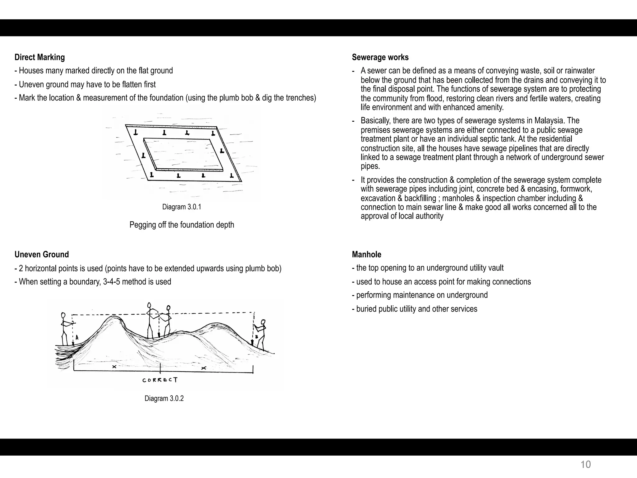 Sewerage works
- A sewer can be defined as a means of conveying waste, soil or rainwater
below the ground that has been collected from the drains and conveying it to
the final disposal point. The functions of sewerage system are to protecting
the community from flood, restoring clean rivers and fertile waters, creating
life environment and with enhanced amenity.
- Basically, there are two types of sewerage systems in Malaysia. The
premises sewerage systems are either connected to a public sewage
treatment plant or have an individual septic tank. At the residential
construction site, all the houses have sewage pipelines that are directly
linked to a sewage treatment plant through a network of underground sewer
pipes.
- It provides the construction & completion of the sewerage system complete
with sewerage pipes including joint, concrete bed & encasing, formwork,
excavation & backfilling ; manholes & inspection chamber including &
connection to main sewar line & make good all works concerned all to the
approval of local authority
Manhole
- the top opening to an underground utility vault
- used to house an access point for making connections
- performing maintenance on underground
- buried public utility and other services
10
Direct Marking
- Houses many marked directly on the flat ground
- Uneven ground may have to be flatten first
- Mark the location & measurement of the foundation (using the plumb bob & dig the trenches)
Uneven Ground
- 2 horizontal points is used (points have to be extended upwards using plumb bob)
- When setting a boundary, 3-4-5 method is used
Pegging off the foundation depth
Diagram 3.0.1
Diagram 3.0.2
 
