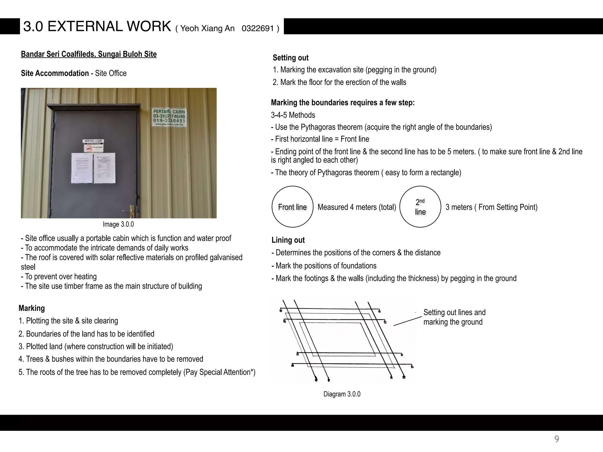 Marking
1. Plotting the site & site clearing
2. Boundaries of the land has to be identified
3. Plotted land (where construction will be initiated)
4. Trees & bushes within the boundaries have to be removed
5. The roots of the tree has to be removed completely (Pay Special Attention*)
Setting out
1. Marking the excavation site (pegging in the ground)
2. Mark the floor for the erection of the walls
3.0 EXTERNAL WORK ( Yeoh Xiang An 0322691 )
Bandar Seri Coalfileds, Sungai Buloh Site
Site Accommodation - Site Office
- Site office usually a portable cabin which is function and water proof
- To accommodate the intricate demands of daily works
- The roof is covered with solar reflective materials on profiled galvanised
steel
- To prevent over heating
- The site use timber frame as the main structure of building
Marking the boundaries requires a few step:
3-4-5 Methods
- Use the Pythagoras theorem (acquire the right angle of the boundaries)
- First horizontal line = Front line
- Ending point of the front line & the second line has to be 5 meters. ( to make sure front line & 2nd line
is right angled to each other)
- The theory of Pythagoras theorem ( easy to form a rectangle)
Front line
2nd
line
Measured 4 meters (total) 3 meters ( From Setting Point)
Lining out
- Determines the positions of the corners & the distance
- Mark the positions of foundations
- Mark the footings & the walls (including the thickness) by pegging in the ground
Image 3.0.0
9
Setting out lines and
marking the ground
Diagram 3.0.0
 