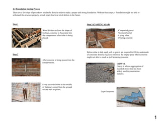 4.3 Foundation Laying Process
Step 1
Step 2
Step 3 (CASTING SLAB)
Wood dividers to form the shape of
footings, concrete to be poured into
the compartment after rebar is being
placed.
After concrete is being poured into the
compartments.
Every exceeded rebar in the middle
of footings’ corner from the ground
will be built as pillars.
-Compacted gravel
-Moisture barrier
-Laying rebar
-Pouring concrete
Before rebar is laid, sand, soil, or gravel are required to fill the underneath
of concreate densely (fig.1) to minimize the empty space which concrete
might not able to reach as well as saving concrete.
There are a few steps of procedures need to be done in order to make a proper and strong foundation. Without these steps, a foundation might not able to
withstand the structure properly, which might lead to a lot of defects in the future.
GRAVEL
Gravel is a loose aggregation of
pounded stones that has been
widely used in construction
industry.
Layer Sequence
1
 