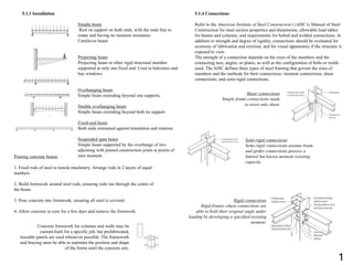 5.1.3 Installation
Simple beam
Rest on support on both ends, with the ends free to
rotate and having no moment resistance.
Cantilever beam
Projecting beam
Projecting beam or other rigid structural member
supported at only one fixed end. Used in balconies and
bay windows.
Overhanging beam
Simple beam extending beyond one supports.
Double overhanging beam
Simple beam extending beyond both its support.
Fixed-end beam
Both ends restrained against translation and rotation.
Suspended span beam
Simple beam supported by the overhangs of two
adjoining with pinned construction joints at points of
zero moment.Pouring concrete beams
1. Fixed rods of steel to tensile machinery. Arrange rods in 2 layers of equal
numbers.
2. Build formwork around steel rods, ensuring rods run through the centre of
the beam.
3. Pour concrete into formwork, ensuring all steel is covered.
4. Allow concrete to cure for a few days and remove the formwork.
Concrete formwork for columns and walls may be
custom-built for a specific job, but prefabricated,
reusable panels are used whenever possible. The framework
and bracing must be able to maintain the position and shape
of the forms until the concrete sets.
5.1.4 Connections
Refer to the American Institute of Steel Construction’s (AISC’s) Manual of Steel
Construction for steel section properties and dimensions, allowable load tables
for beams and columns, and requirements for bolted and welded connections. In
addition to strength and degree of rigidity, connections should be evaluated for
economy of fabrication and erection, and for visual appearance if the structure is
exposed to view.
The strength of a connection depends on the sizes of the members and the
connecting tees, angles, or plates, as well as the configuration of bolts or welds
used. The AISC defines three types of steel framing that govern the sizes of
members and the methods for their connections: moment connections, shear
connections, and semi-rigid connections.
Shear connections
Simple frame connections made
to resist only shear.
Semi-rigid connections
Semi-rigid connections assume beam
and girder connections possess a
limited but known moment resisting
capacity.
Rigid connections
Rigid frames where connections are
able to hold their original angle under
loading by developing a specified resisting
moment.
1
 