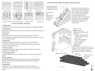 5.2.1 Types of masonry wall systems
1. Running bond,
Commonly used for cavity and veneer walls, is composed of overlapping stretchers.
2. Common bond
Has a course of headers between every five or six courses of stretchers; also known as
American bond.
3. Stack bond
Has successive courses of stretchers with all head joints aligned vertically.
Because units do not overlap, horizontal joint reinforcement is required @ 16" (405)
o.c. in unreinforced walls.
4. Flemish bond
Has alternating headers and stretchers in each course, each header being
centered above and below a stretcher. Flare headers with darker ends are often
exposed in patterned brickwork.
5. Flemish cross bond
A modified Flemish bond in which courses of alternate headers and stretchers
alternate with stretching courses.
6. Flemish diagonal bond
A form of Flemish cross bond in which the courses are offset to form a diamond
pattern.
7. Garden-wall bond
Used for lightly loaded boundary walls, has a sequence of a header and three
stretchers in each course, with each header being centered over a header in
alternate courses.
8. English bond
Has alternate courses of headers and stretchers in which the headers are
centered on stretchers and the joints between stretchers line up vertically in all
courses.
5.2.2 Extra structural support to openings of the wall or corner
Masonry Cavity Wall Typical 2”
to 3” cavity Metal ties used to
bind wythes
together
Reinforced masonry walls use steel
reinforcing bars placed in thickened
joints or cavities with a fluid grout
mix of Portland cement, aggregate,
and water for greater strength in
carrying vertical loads and
increased resistance to buckling and
lateral forces. It is essential that a
strong bond develop between the
reinforcing steel, grout, and
masonry units.
Reinforcing steel bars
are fully embedded in
portland cement grout
For horizontal
joint
reinforcement, a
metal “ring”
was place onto
the bricks.
Horizontal bond
beamAll cells containing
reinforcement are filled solidly
with grout
• Cells are aligned vertically
to form a clear, continuous
vertical space.
• Reinforcement continues
down to a reinforced
concrete footing.
Horizontal joint
reinforcement
Fulbed mortar at end walls and cross webs
from grouted cells; Cleanouts was provided
at bottom course of cells to be grouted;
before grouting, it need to be inspect and
seal.
1
8
 