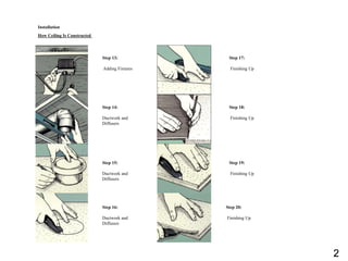 Installation
How Ceiling Is Constructed
Step 13:
Adding Fixtures
Step 14:
Ductwork and
Diffusers
Step 15:
Ductwork and
Diffusers
Step 16:
Ductwork and
Diffusers
Step 17:
Finishing Up
Step 18:
Finishing Up
Step 19:
Finishing Up
Step 20:
Finishing Up
2
 