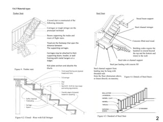 Timber Stair
5.4.3 Material types
A wood stair is constructed of the
following elements:
Carriages or rough stringer are the
preincipal inclinaed
Beams supporting the trades and
risers of flight stairs.
Tread are the footways that span the
distance between
The supporting carriages.
Carriages may be attached to their
supporting beam, header, or wall
framing with metal hangers or a
ledger.
Kick plate anchors and absorbs the
thurts
Figure 4 : Timber stair
Steel Stair
Steeal beam support
Steel channel stringer
Concrete filled steel tread
Building codes require the
handrail to extend beyond
the top and the bottom and
return to the wall.
Steel tube or channel support
Figure 4.1 Details of Steel Stairs
Steel pan landing with concrte fill
Steel channel support from
landing may be hung with
threaded rads
from the floor obstructure above,
or linear directly on masonry.
Figure 4.2: Closed – Riser with Full Stringer
Figure 4.3: Handrail of Steel Stair
2
 