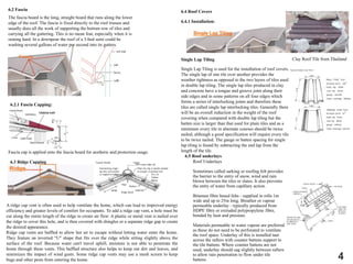 6.2 Fascia
The fascia board is the long, straight board that runs along the lower
edge of the roof. The fascia is fixed directly to the roof trusses and
usually does all the work of supporting the bottom row of tiles and
carrying all the guttering. This is no mean feat, especially when it is
raining hard. In a downpour the roof of a 3-bed semi could be
washing several gallons of water per second into its gutters.
6.2.1 Fascia Capping:
Fascia cap is applied onto the fascia board for aesthetic and protection usage.
6.4 Roof Covers
Clay Roof Tile from Thailand
6.4.1 Installation:
Single Lap Tiling
6.3 Ridge Capping
A ridge cap vent is often used to help ventilate the home, which can lead to improved energy
efficiency and greater levels of comfort for occupants. To add a ridge cap vent, a hole must be
cut along the entire length of the ridge to create air flow. A plastic or metal vent is nailed over
the ridge to cover this hole, and is then covered with shingles or a separate ridge gap to create
the desired appearance.
Ridge cap vents are baffled to allow hot air to escape without letting water enter the home.
They feature an inverted “U" shape that fits over the ridge while sitting slightly above the
surface of the roof. Because water can't travel uphill, moisture is not able to penetrate the
home through these vents. This baffled structure also helps to keep out dirt and leaves, and
minimizes the impact of wind gusts. Some ridge cap vents may use a mesh screen to keep
bugs and other pests from entering the home.
Single Lap Tiling is used for the installation of roof covers.
The single lap of one tile over another provides the
weather tightness as opposed to the two layers of tiles used
in double lap tiling. The single lap tiles produced in clay
and concrete have a tongue and groove joint along their
side edges and in some patterns on all four edges which
forms a series of interlocking joints and therefore these
tiles are called single lap interlocking tiles. Generally there
will be an overall reduction in the weight of the roof
covering when compared with double lap tiling but the
batten size is larger than that used for plain tiles and as a
minimum every tile in alternate courses should be twice
nailed, although a good specification will require every tile
to be twice nailed. The gauge or batten spacing for single
lap tiling is found by subtracting the end lap from the
length of the tile.
6.5 Roof underlays
Roof Underlays
Sometimes called sarking or roofing felt provides
the barrier to the entry of snow, wind and rain
blown between the tiles or slates. It also prevents
the entry of water from capillary action.
Bitumen fibre based felts - supplied in rolls 1m
wide and up to 25m long. Breather or vapour
permeable underlay - typically produced from
HDPE fibre or extruded polypropylene fibre,
bonded by heat and pressure.
Materials permeable to water vapour are preferred
as these do not need to be perforated to ventilate
the roof space. Underlay of this is installed taut
across the rafters with counter battens support to
the tile battens. Where counter battens are not
used, underlay should sag slightly between rafters
to allow rain penetration to flow under tile
battens.
Gauge
Plain tile slip or dentils bedded
in troughs of profiled tiles
Half round ridge tile
Interlocking single
lap tiles each nailed
or clipped to battens
gauge
Ridge detail
Rafters
underlay
ridge
50 x 24
Timber
Batten
Typical Details
4
 