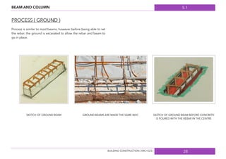 5.1
28
BEAM AND COLUMN
PROCESS ( GROUND )
Process is similar to most beams, however before being able to set
the rebar, the ground is excavated to allow the rebar and beam to
go in place.
SKETCH OF GROUND BEAM GROUND BEAMS ARE MADE THE SAME WAY. SKETCH OF GROUND BEAM BEFORE CONCRETE
IS POURED WITH THE REBAR IN THE CENTRE
BUILDING CONSTRUCTION [ ARC1523 ]
 
