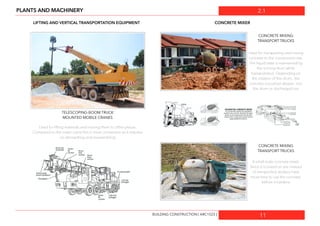 2.1
11
PLANTS AND MACHINERY
LIFTING AND VERTICAL TRANSPORTATION EQUIPMENT CONCRETE MIXER
TELESCOPING-BOOM TRUCK
MOUNTED MOBILE CRANES
Used for lifting materials and moving them to other places.
Compared to the tower crane this is more convenient as it requires
no dismantling and reassembling
CONCRETE MIXING
TRANSPORT TRUCKS
Used for transporting and mixing
concrete to the construction site.
The liquid state is maintained by
the turning drum while
transportation. Depending on
the rotation of the drum, the
concrete is pushed deeper into
the drum or discharged out
CONCRETE MIXING
TRANSPORT TRUCKS
A small scale concrete mixer.
Since it is mixed on site instead
of transported, workers have
more time to use the concrete
before it hardens
BUILDING CONSTRUCTION [ ARC1523 ]
 