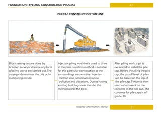 4.1
21
FOUNDATION TYPE AND CONSTRUCTION PROCESS
PILECAP CONSTRUCTION TIMELINE
Block setting out are done by
licensed surveyors before any form
of piling works are carried out. The
surveyor determines the pile point
numbering on site.
After piling work, a pit is
excavated to install the pile
cap. Before installing the pile
cap, the cut-off level of piles
will be based on the top of
the pile cap. Timber is then
used as formwork on the
concrete of the pile cap. The
concrete for pile caps is of
grade 30.
Injection piling machine is used to drive
in the piles. Injection method is suitable
for this particular construction as the
surroundings are sensitive. Injection
method also cuts down on noise
pollution and vibrations. Due to having
existing buildings near the site, this
method works the best.
BUILDING CONSTRUCTION [ ARC1523 ]
 