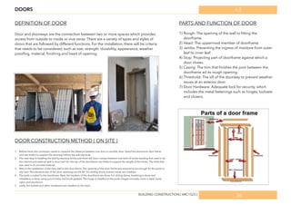 6.0
36
DOORS
Door and doorways are the connection between two or more spaces which provides
access from outside to inside or vice versa. There are a variety of types and styles of
doors that are followed by different functions. For the installation, there will be criteria
that needs to be considered, such as size, strength, durability, appearance, weather
prooﬁng, material, ﬁnishing and head of opening.
1) Rough: The opening of the wall to ﬁtting the
doorframe.
2) Head: The uppermost member of doorframe.
3) Jambs: Preventing the ingress of moisture from outer
leaf to inner leaf
4) Stop: Projecting part of doorframe against which a
door closes.
5) Casing: The trim that ﬁnishes the joint between the
doorframe ad its rough opening.
6) Threshold: The sill of the doorway to prevent weather
issues at an exterior door
7) Door Hardware: Adequate lock for security, which
includes the metal fastenings such as hinges, locksets
and closers.
1. Before hand, the contractor needs to measure the distance between one door to another door. Stand the aluminium door frame
and use timber to support the doorway before the wall was built.
2. The next step is installing the wall by stacking bricks and there will door cramps between one level of bricks stacking that used to tie
the internal and external wall to door leaf. On the top of the doorframe are lintels to support the weight of the bricks. The lintel that
was used is of concrete material.
3. Next is the installation of the door leaf to the door frame. The opening of the door frame was ensured to be enough for the jamb to
slip over. The standard size of the door openings are 24-36”. For sliding doors, bottom tracks are installed.
4. The jamb is nailed to the doorframe. Next, the headers of the doorframe are done. For sliding doors, levelising is done and
installation is done using punch holes and brush gaskets. The hinge is installed to the jamb. Hinges normally come in steel, brass
nylon and aluminium.
5. Lastly, the lockset and other hardwares are installed on the door.
DEFINITION OF DOOR
DOOR CONSTRUCTION METHOD ( ON SITE )
PARTS AND FUNCTION OF DOOR
BUILDING CONSTRUCTION [ ARC1523 ]
 