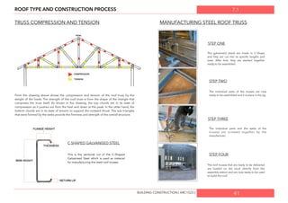 7.1
41
ROOF TYPE AND CONSTRUCTION PROCESS
TRUSS COMPRESSION AND TENSION
From the drawing above shows the compression and tension of the roof truss by the
weight of the loads. The strength of the roof truss is from the shape of the triangle that
comprises the truss itself. As shown in the drawing, the top chords are in its state of
compression as it pushes out from the heel and down at the peak. In the other hand, the
bottom chords are in its state of tension to support the outward thrust. The sub triangles
that were formed by the webs provide the ﬁrmness and strength of the overall structure.
C SHAPED GALVANISED STEEL
This is the sectional cut of the C-Shaped
Galvanised Steel which is used as material
for manufacturing the steel roof trusses.
MANUFACTURING STEEL ROOF TRUSS
STEP ONE
STEP TWO
STEP THREE
STEP FOUR
The galvanised steels are made in C-Shape
and they are cut into its speciﬁc lengths and
sizes. After that, they are stacked together
ready to be assembled.
The individual parts of the trusses are now
ready to be assembled and it is place in the jig.
The individual parts and the webs of the
trusses are screwed together by the
manufacturer.
The roof trusses that are ready to be delivered
are loaded on the truck directly from the
assembly station and are now ready to be used
to build the roof.
BUILDING CONSTRUCTION [ ARC1523 ]
 