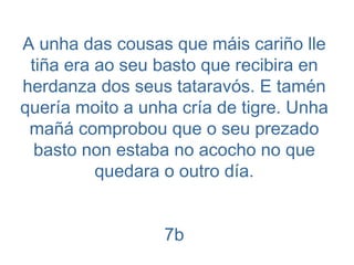 A unha das cousas que máis cariño lle tiña era ao seu basto que recibira en herdanza dos seus tataravós. E tamén quería moito a unha cría de tigre. Unha mañá comprobou que o seu prezado basto non estaba no acocho no que quedara o outro día. 7b 