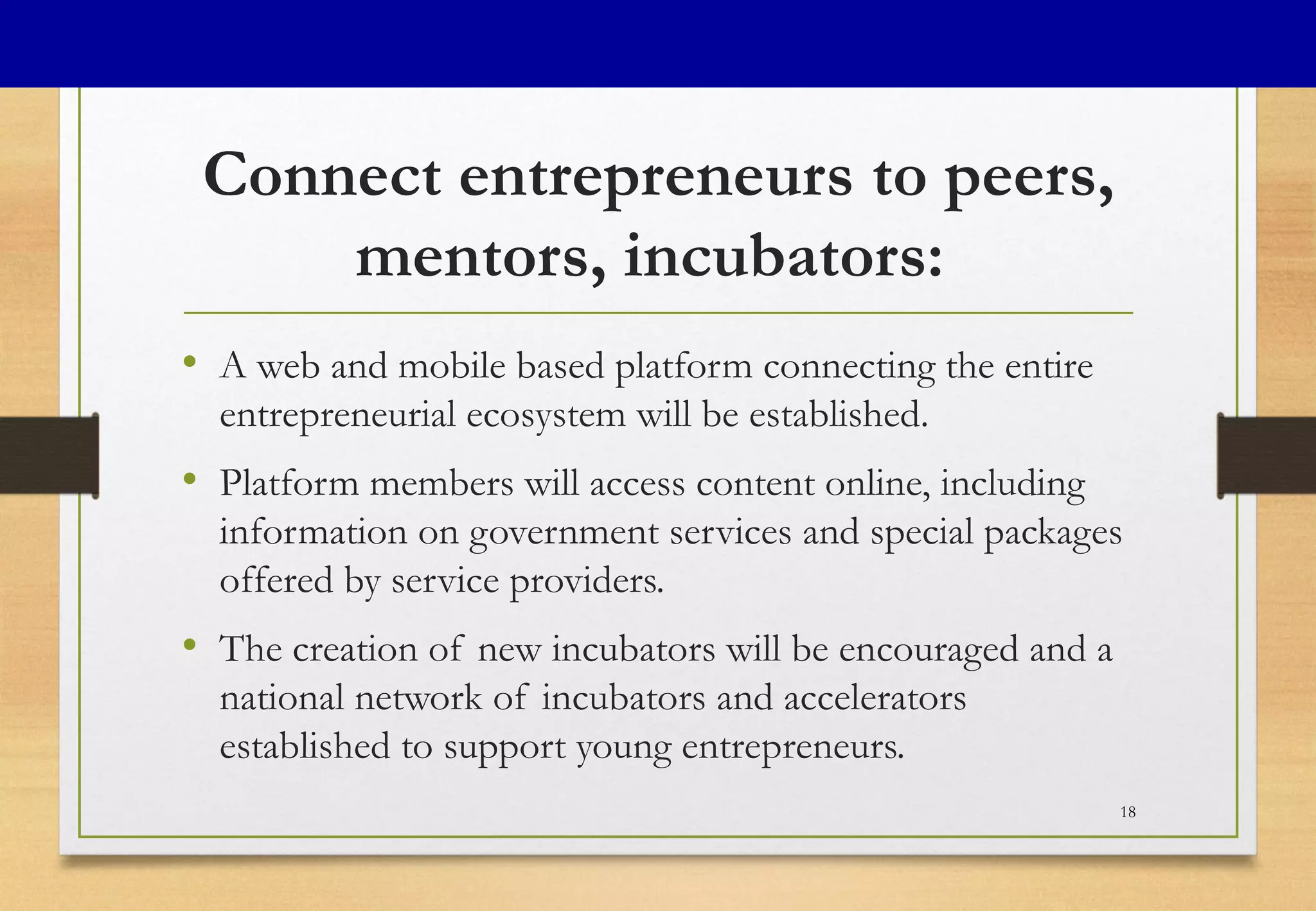 Connect entrepreneurs to peers,
mentors, incubators:
• A web and mobile based platform connecting the entire
entrepreneurial ecosystem will be established.
• Platform members will access content online, including
information on government services and special packages
offered by service providers.
• The creation of new incubators will be encouraged and a
national network of incubators and accelerators
established to support young entrepreneurs.
18
 