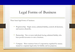 Legal Forms of Business
Three basic legal forms of business:
• Proprietorship - Single owner, unlimited liability, controls all decisions,
and receives all profits.
• Partnership - Two or more individuals having unlimited liability who
have pooled resources to own a business.
• Company - Most common form of corporation; regulated by statute;
treated as a separate legal entity for liability and tax purposes.
 