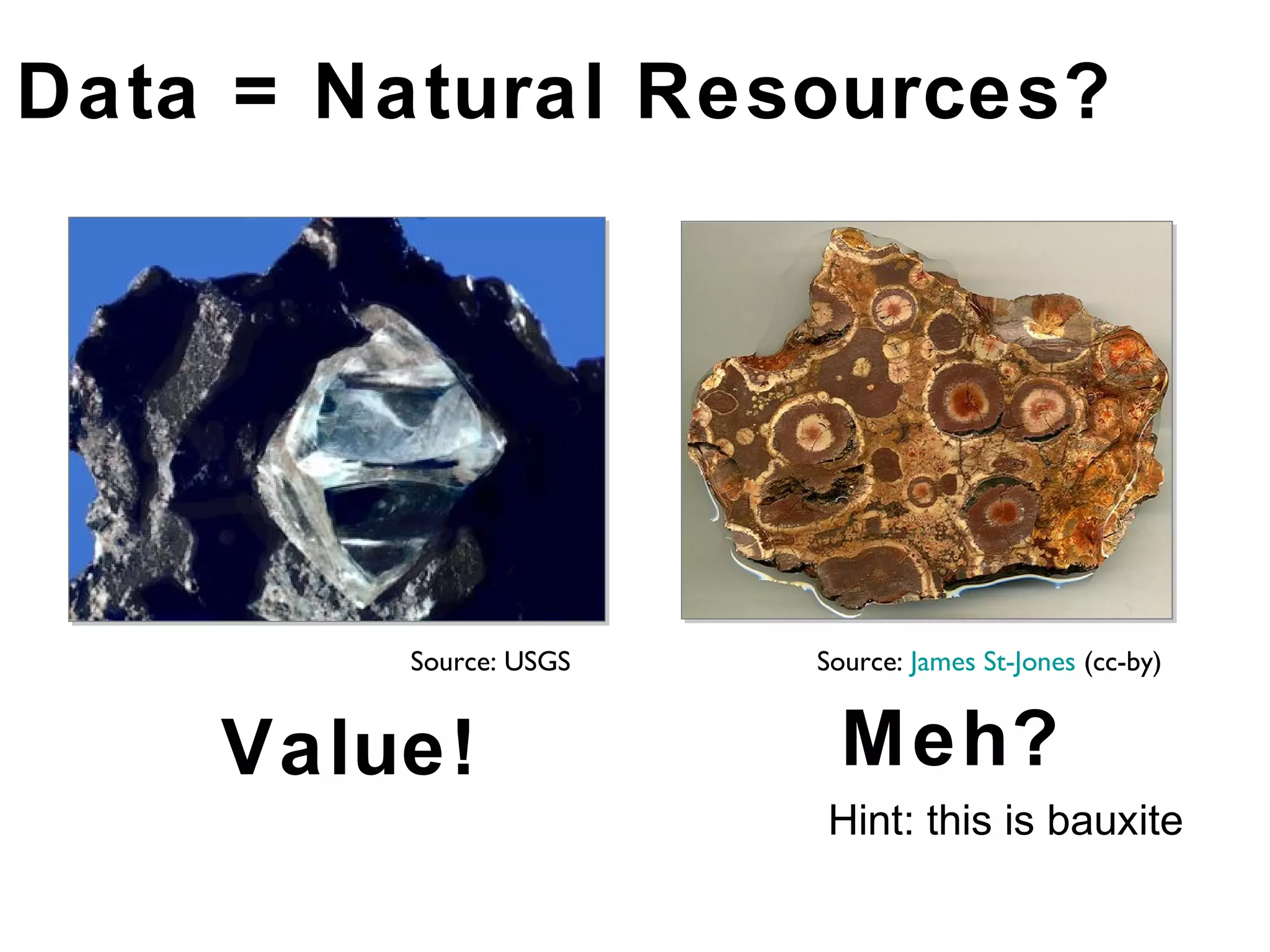 Data = Natural Resources?




         Source: USGS   Source: James St-Jones (cc-by)


    Value!                Meh?
                        Hint: this is bauxite
 