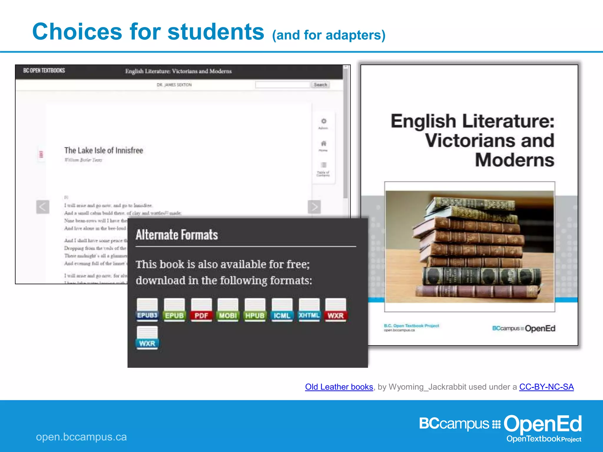 Choices for students (and for adapters)
Old Leather books, by Wyoming_Jackrabbit used under a CC-BY-NC-SA
 