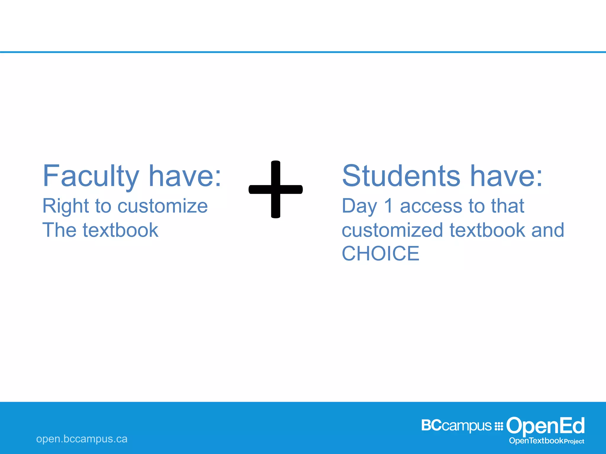 Faculty have:
Right to customize
The textbook
Students have:
Day 1 access to that
customized textbook and
CHOICE
+
 