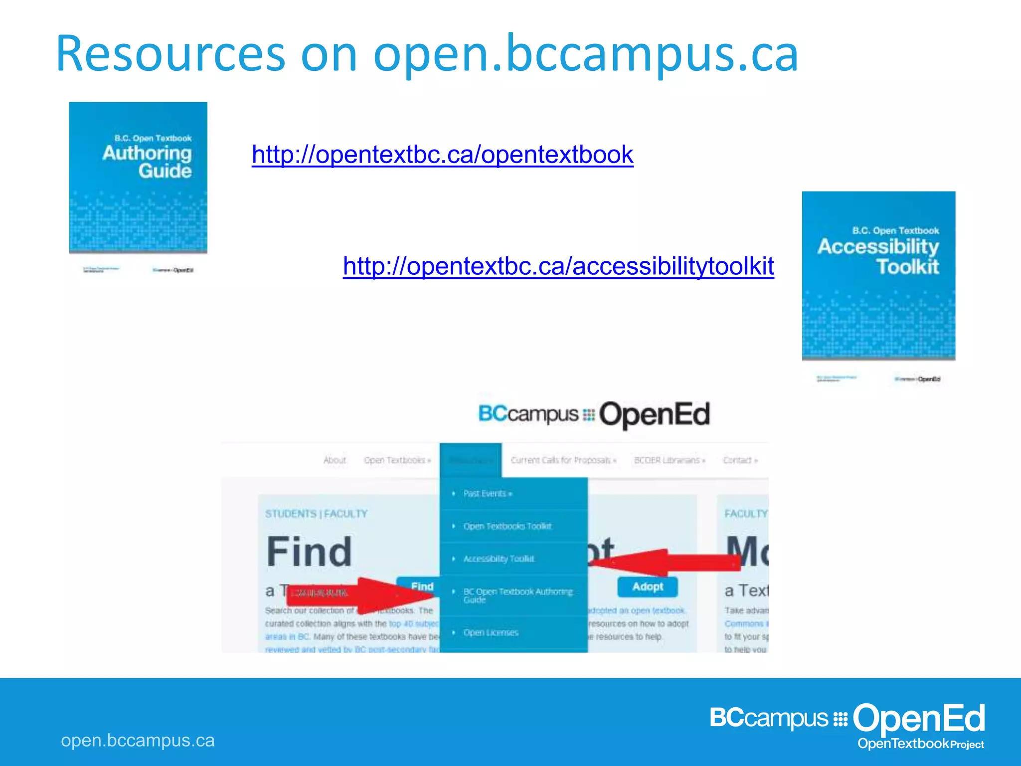 Resources on open.bccampus.ca
http://opentextbc.ca/opentextbook
http://opentextbc.ca/accessibilitytoolkit
 