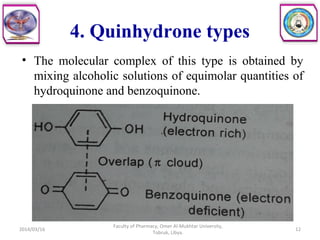 4. Quinhydrone types
• The molecular complex of this type is obtained by
mixing alcoholic solutions of equimolar quantities of
hydroquinone and benzoquinone.
2014/03/16 12
Faculty of Pharmacy, Omer Al-Mukhtar University,
Tobruk, Libya.
 