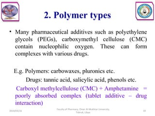 2. Polymer types
• Many pharmaceutical additives such as polyethylene
glycols (PEGs), carboxymethyl cellulose (CMC)
contain nucleophilic oxygen. These can form
complexes with various drugs.
E.g. Polymers: carbowaxes, pluronics etc.
Drugs: tannic acid, salicylic acid, phenols etc.
Carboxyl methylcellulose (CMC) + Amphetamine =
poorly absorbed complex (tablet additive – drug
interaction)
2014/03/16 10
Faculty of Pharmacy, Omer Al-Mukhtar University,
Tobruk, Libya.
 