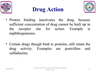Drug Action
• Protein binding inactivates the drug, because
sufficient concentration of drug cannot be built up in
the receptor site for action. Example is
naphthoquinones.
• Certain drugs though bind to proteins, still retain the
drug activity. Examples are penicillins and
sulfadiazine.
2014/03/16 27
Faculty of Pharmacy, Omer Al-Mukhtar University,
Tobruk, Libya.
 