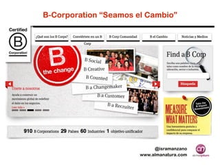 B-Corporation “Seamos el Cambio”

@isramanzano
www.almanatura.com

 