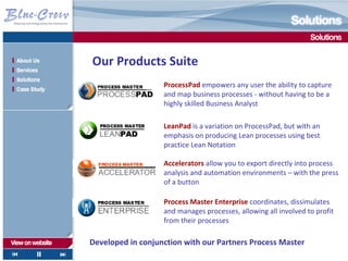 Our Products Suite
                   ProcessPad empowers any user the ability to capture 
                   and map business processes ‐ without having to be a 
                   highly skilled Business Analyst 

                   LeanPad is a variation on ProcessPad, but with an 
                   emphasis on producing Lean processes using best 
                   practice Lean Notation 

                   Accelerators allow you to export directly into process 
                   analysis and automation environments – with the press 
                   of a button

                   Process Master Enterprise coordinates, dissimulates 
                   and manages processes, allowing all involved to profit 
                   from their processes 

Developed in conjunction with our Partners Process Master
 