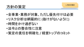 方針の策定
•全事業・業務が対象、ただし優先付けは必要
•リスク分析は網羅的に (抜けがないように)
•時間をかけ過ぎない
•法令との整合性に注意
•策定の責任を明確化 / 経営トップのコミット
1.方針の策定
 
