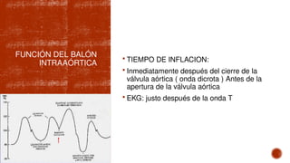 FUNCIÓN DEL BALÓN
INTRAAÓRTICA
 TIEMPO DE INFLACION:
 Inmediatamente después del cierre de la
válvula aórtica ( onda dicrota ) Antes de la
apertura de la válvula aórtica
 EKG: justo después de la onda T
 