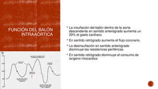 FUNCIÓN DEL BALÓN
INTRAAÓRTICA
 La insuflación del balón dentro de la aorta
descendente en sentido anterógrado aumenta un
20% el gasto cardíaco.
 En sentido retrógrado aumenta el flujo coronario.
 La desinsuflación en sentido anterógrado
disminuye las resistencias periféricas.
 En sentido retrógrado disminuye el consumo de
oxígeno miocardico
 