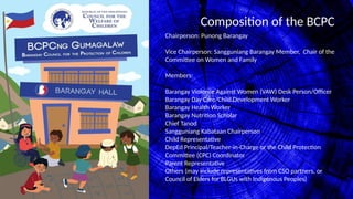 Composition of the BCPC
Chairperson: Punong Barangay
Vice Chairperson: Sangguniang Barangay Member, Chair of the
Committee on Women and Family
Members:
Barangay Violence Against Women (VAW) Desk Person/Officer
Barangay Day Care/Child Development Worker
Barangay Health Worker
Barangay Nutrition Scholar
Chief Tanod
Sangguniang Kabataan Chairperson
Child Representative
DepEd Principal/Teacher-in-Charge or the Child Protection
Committee (CPC) Coordinator
Parent Representative
Others (may include representatives from CSO partners, or
Council of Elders for BLGUs with Indigenous Peoples)
 