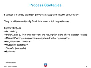 6
© 2016 Chevron Corporation
Process Strategies
Business Continuity strategies provide an acceptable level of performance
...