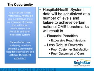 The Opportunity
                            • Hospital/Health System
  As part of the Patient
Protection & Affordable
                              data will be scrutinized at a
 Care Act (PPACA), there      number of levels and
are a number of changes       failure to achieve certain
     that will impact
   reimbursement to           national CMS benchmarks
   hospitals and other        will result in
   healthcare systems
                              – Financial Penalties
                                 • Excessive Readmissions
   National efforts are
  underway to reduce          – Less Robust Rewards
 potentially preventable         • Poor Customer Satisfaction
hospital readmissions and
  optimize the patient           • Poor Outcomes of Care
       experience
 