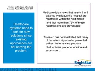 *Centers for Medicare & Medicaid
Services, Public Affairs, April 2009

                                       Medicare data shows that nearly 1 in 5
                                         patients who leave the hospital are
                                         readmitted within the next month
                                          and that more than 75% of these
      Healthcare                         readmissions are preventable*
   systems need to
     look for new
    solutions since                    Research has demonstrated that many
        existing                         of the return trips can be prevented
   approaches are                        with an in-home care program
    not solving the                      that includes proper education and
       problem.                          supervision.
 