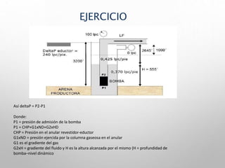 EJERCICIO
Así deltaP = P2-P1
Donde:
P1 = presión de admisión de la bomba
P1 = CHP+G1xND+G2xHD
CHP = Presión en el anular revestidor-eductor
G1xND = presión ejercida por la columna gaseosa en el anular
G1 es el gradiente del gas
G2xH = gradiente del fluido y H es la altura alcanzada por el mismo (H = profundidad de
bomba–nivel dinámico
 