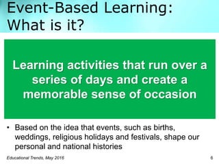 Event-Based Learning:
What is it?
Educational Trends, May 2016 6
• Based on the idea that events, such as births,
weddings, religious holidays and festivals, shape our
personal and national histories
Learning activities that run over a
series of days and create a
memorable sense of occasion
 