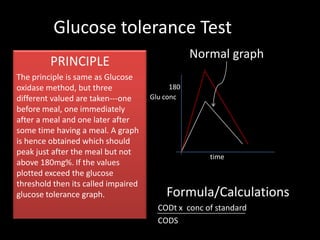 Glucose tolerance Test
                                                 Normal graph
         PRINCIPLE
The principle is same as Glucose
oxidase method, but three                  180
different valued are taken---one     Glu conc
before meal, one immediately
after a meal and one later after
some time having a meal. A graph
is hence obtained which should
peak just after the meal but not
                                                    time
above 180mg%. If the values
plotted exceed the glucose
threshold then its called impaired
glucose tolerance graph.                 Formula/Calculations
                                       CODt x conc of standard
                                       CODS
 