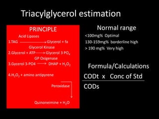 Triacylglycerol estimation
              PRINCIPLE                      Normal range
        Acid Lipases                    <100mg% Optimal
1.TAG                   Glycerol + fa   130-159mg% borderline high
             Glycerol Kinase            > 190 mg% Very high
2.Glycerol + ATP       Glycerol 3 PO4
                GP Oxigenase
3.Gycerol 3-PO4          DHAP + H2O2
                                         Formula/Calculations
4.H2O2 + amino antipyrene
                                        CODt x Conc of Std
                         Peroxidase     CODs

                 Quinoneimine + H2O
 