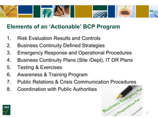 Elements of an ‘Actionable’ BCP Program

1.   Risk Evaluation Results and Controls
2.   Business Continuity Defined Strategies
3.   Emergency Response and Operational Procedures
4.   Business Continuity Plans (Site /Dept), IT DR Plans
5.   Testing & Exercises
6.   Awareness & Training Program
7.   Public Relations & Crisis Communication Procedures
8.   Coordination with Public Authorities



                                                           22
 