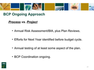 BCP Ongoing Approach

  Process vs. Project

    • Annual Risk Assessment/BIA, plus Plan Reviews.

    • Efforts for Next Year identified before budget cycle.

    • Annual testing of at least some aspect of the plan.

    • BCP Coordination ongoing.


                                                              23
 