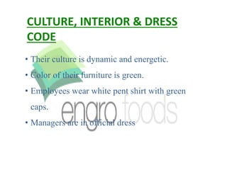 CULTURE, INTERIOR & DRESS
CODE
• Their culture is dynamic and energetic.
• Color of their furniture is green.
• Employees wear white pent shirt with green
caps.
• Managers are in official dress
 