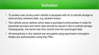 Solution
●
To protect user privacy,each vehicle is equipped with an in-vehicle storage to
store privacy sensitive data, e....