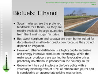 The Potential of Renewable Energies for Socio-Economic Development in Zambia
                                                                                                                    Slide 4




                        Biofuels: Ethanol
                         Sugar molasses are the preferred
                         feedstock for Ethanol, as they are
                         readily available in large quantities
                         from the 3 main sugar factories.
                         But sweet sorghum and cassava are even better suited for
                         decentralised smallholder production, because they do not
                         depend on irrigation.
                         However, ethanol distillation is a highly capital intensive
                         and energy intensive production technology. While the
SOUTHERN BIOPOWER LD.




                         main sugar producers are waiting for favourable prices,
                         practically no ethanol is produced in the country so far.
                         Government has put in place a biofuels policy with a
                         voluntary blending ratio of 10% of ethanol into petrol and
                         is considering an appropriate pricing mechanism.
 